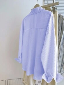 INAWLY 女士休闲日常办公室通勤刺绣条纹印花宽松落肩长袖衬衫，春秋季 - 中等水洗藍 - 查看 2