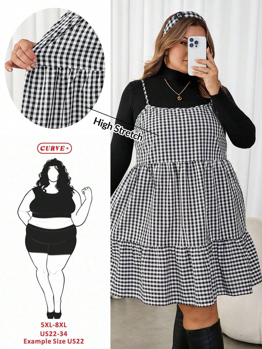 SHEIN CURVE+ Váy yếm kẻ caro đen trắng viền bèo nhún cỡ lớn dành cho nữ - Đen và trắng - Xem 1