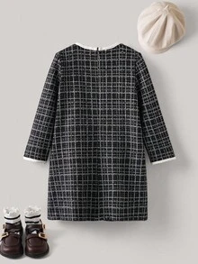 PrepCrw Young Girls Elegant School Style Black Bow Decor Plaid Round Neck Long Sleeve Dress, Back-To-School, Winter, Autumn, 7th Birthday Baby Shower - Black and White - View 4