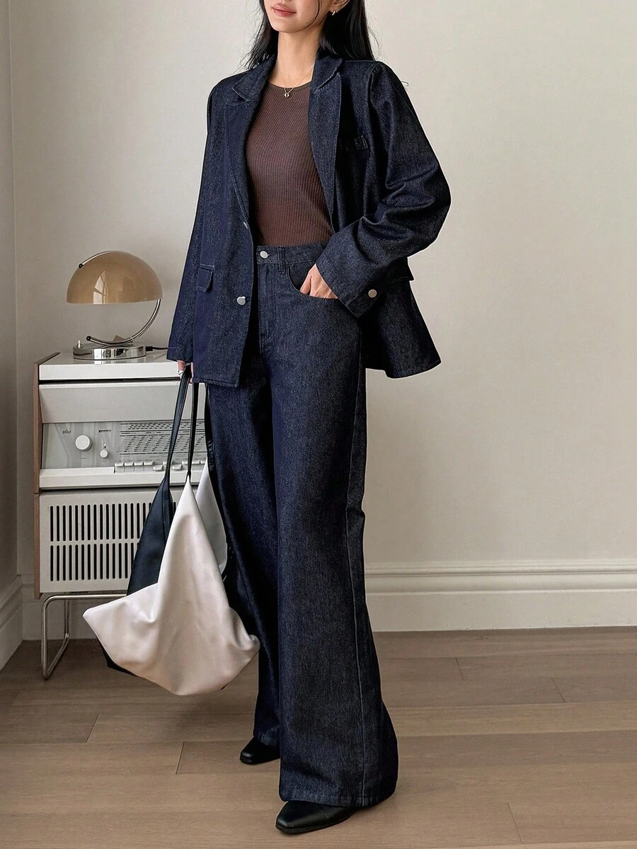 DAZY 女式翻领宽松西装外套和直筒牛仔裤休闲套装 - 深色水洗藍 - 查看 1