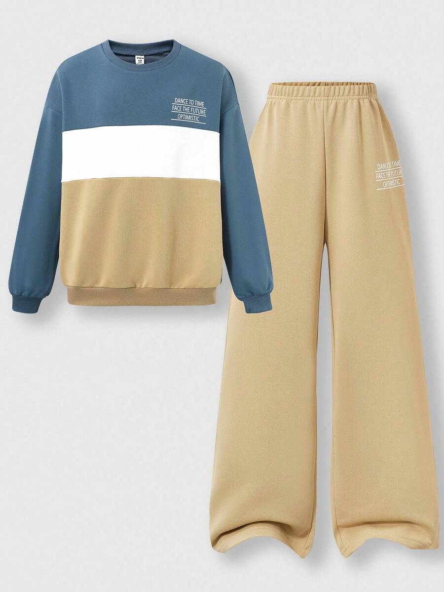 SHEIN Explorewe 2 件套青少年男童拼色拼接上衣和宽松阔腿裤套装,分层外观,圆领简约而百搭,适合外出、上学、休闲穿着 - 彩色 - 查看 1