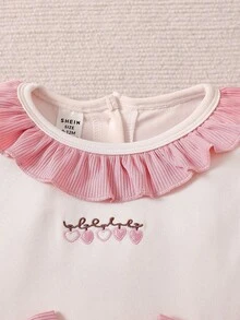 SHEIN 女婴休闲可爱荷叶边领蝴蝶结长袖连体衣 - 杏色 - 查看 5