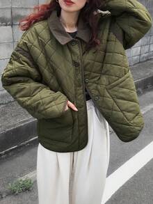 FRIFUL Women's Padded Coat, Contrast Color Collar, Diamond Pattern, Patch Pockets, Loose Casual, Suitable For Women In Autumn Jacket - Green - View 3