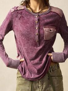 Bohemela Áo thun nữ tay dài dệt kim chắp vá thông thường - Màu đỏ tím - Xem 8