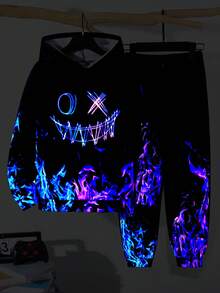 SHEIN 2 件儿童/青少年男童休闲日常百搭舒适印花连帽卫衣和宽松慢跑裤套装