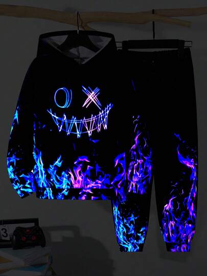 SHEIN Teen Boys Minimalist Contrast Color Print Hoodie And Pants Set, Casual Collegiate Style, Comfortable And Fashionable, Versatile For Daily Wear, School, Travel, Outdoor Activities, Suitable For Autumn/Winter