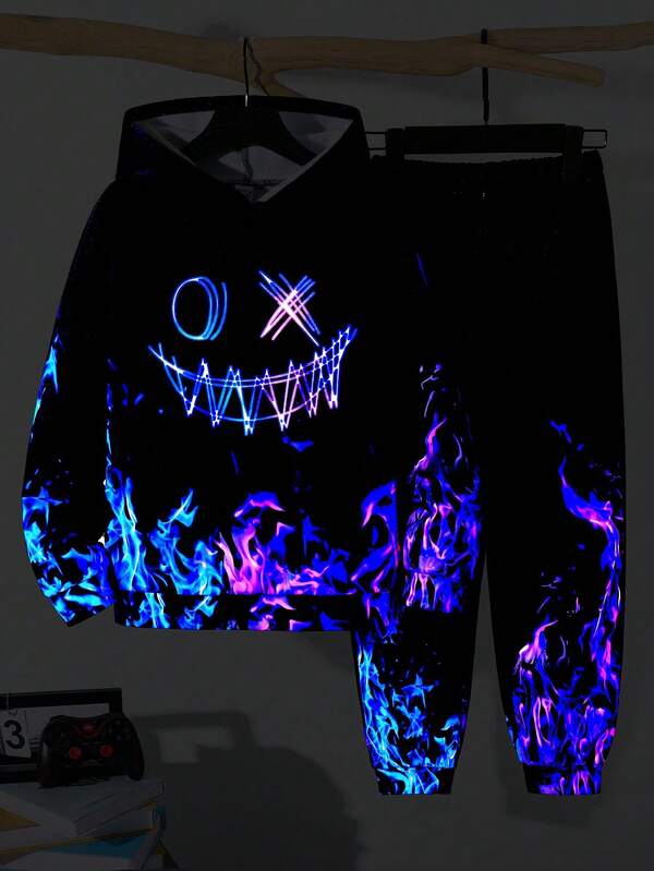 SHEIN 2pcs Kids/Tween Boys Casual Everyday Versatile Comfortable Printed Hoodie Sweatshirt And Relaxed Fit Jogger Pants Set Suitable For Birthday Parties, Evening Parties, Performances, Weddings, Baptisms, Opening Ceremonies Daily Suitable For Daily Use Suitable For School Suitable For Travel Suitable For Sports Suitable For Autumn And Winter Suitable For Halloween