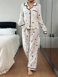 Dream Adore 女士彩色爱心印花撞色翻领长袖上衣和裤子睡衣套装，秋冬服装 - 彩色 - 查看 6
