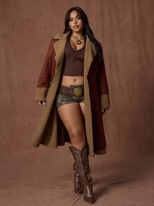 Rustia Veste mi-longue épaisse à la taille cintrée,  et fausse laine d'agneau, colorbloquée, élégante et vintage, pour femmes grandes tailles, pour l'automne/hiver