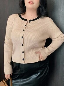 Dazy Plus 2pcs Contrast Color Patchwork Cardigan Elegant Short Knit Sweater Set, Autumn/Winter