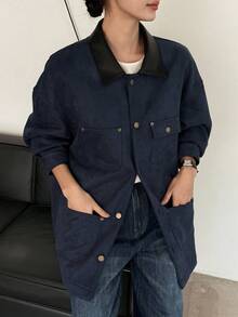 DAZY Women's Suede Jacket With PU Leather Collar, Loose Fit Long Sleeve Casual Jacket Women Coats - Navy Blue - View 6