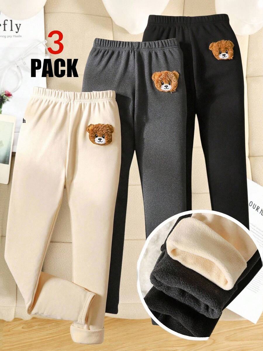 SHEIN 3件套少女休闲基础款可爱卡通贴布刺绣毛绒贴布打底裤，保暖内衬，罗纹针织，黑色、深灰色、卡其色可选 - 彩色 - 查看 1