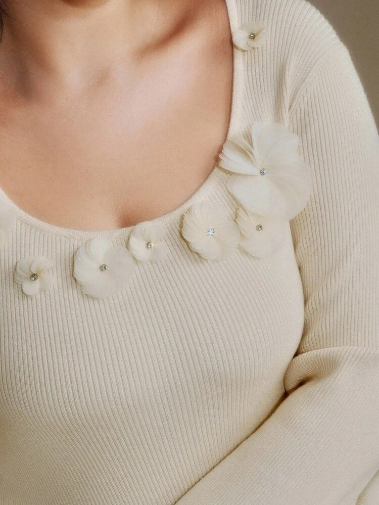 Plus Size Women 3D Floral Embroidery Long Sleeve Sweater Dress, Elegant Fitted Silhouette
