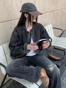 DAZY 女式休闲水洗街头风格牛仔夹克和宽松牛仔裤套装