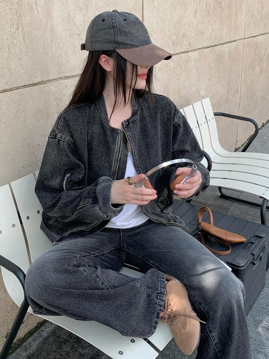 DAZY 女式休闲水洗街头风格牛仔夹克和宽松牛仔裤套装