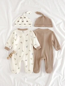 Loomiva 3件套新生儿女宝宝柔软针织圆领长袖连体衣和裤子套装 - 杏色 - 查看 2