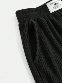 SHEIN Tween Girls Loose Casual Black Ribbed Straight Leg Pants With Drawstring Pattern, Suitable For Autumn/Winter - Black - View 4