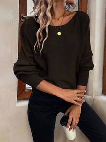 SHEIN LUNE Casual Versatile Solid Color Batwing Sleeve Sweater - Brown - View 6