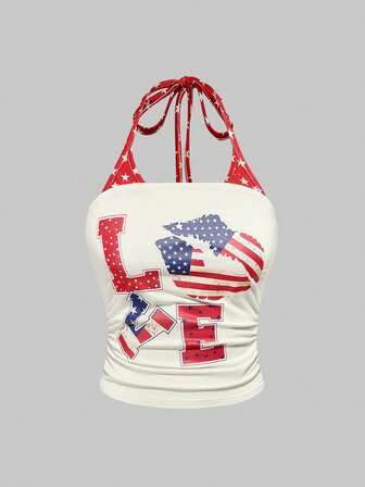 ROMWE Avant Top sans bretelles à volants avec imprimé vintage de style de rue américain, coquillage, drapeau américain et rouge à lèvres