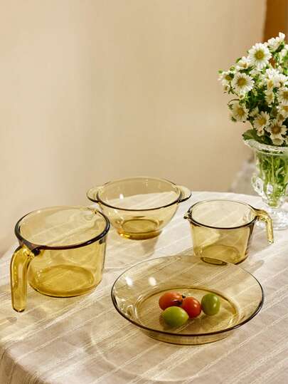 Cirelle 1Pc Glass Kitchen Ware Measuring Cup Plate And Bowl Set Dishes For Kitchen Dining & Parties Elegant Amber Color | Dining Sets