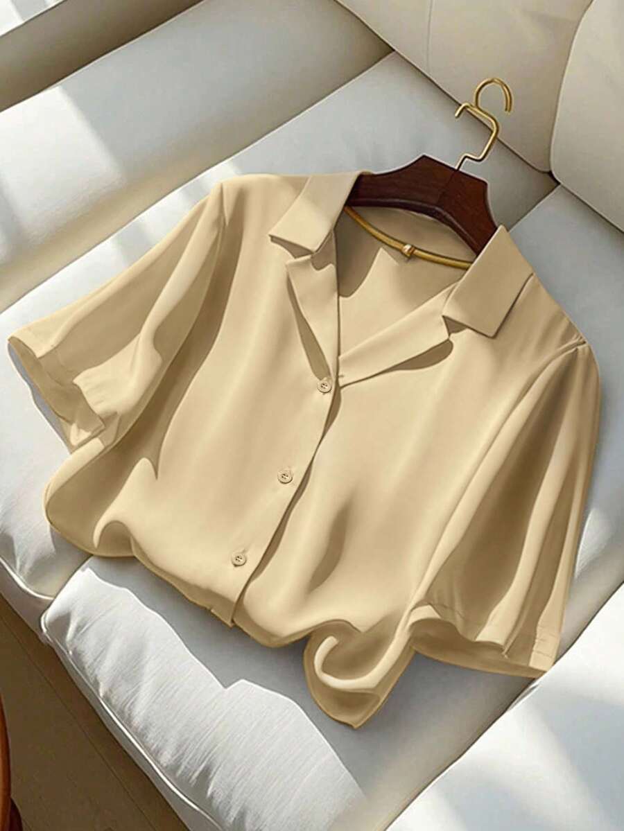 Franclia Áo sơ mi tay ngắn cổ bẻ màu trơn thường ngày dành cho nữ, mùa hè - Màu Khaki - Xem 1