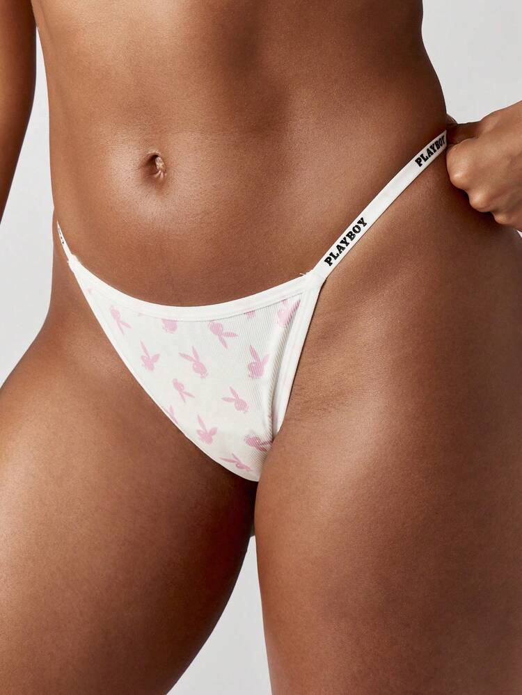 Missguided x Playboy Tanga con estampado de conejo, cintura elástica, tela acanalada, corte alto, estilo retro Y2K, patrón rosa