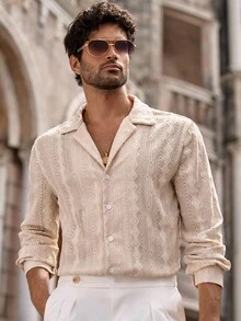 Manfinity VCAY Camisa de manga larga con cuello cubano de punto jacquard casual para hombre, Old Money, otoño - Caqui - Ver 3