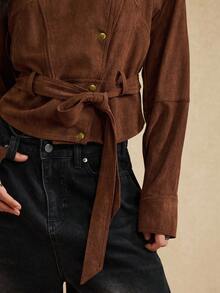 Easelle Women's Vintage Dark Brown Front Button Stand Collar Woven Jacket, Autumn Winter Clothes For Women - Brown - View 3