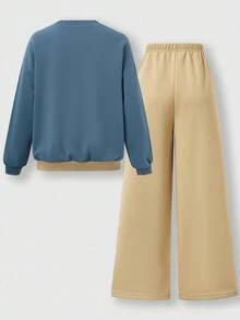 SHEIN Explorewe 2 件套青少年男童拼色拼接上衣和宽松阔腿裤套装，分层外观，圆领简约而百搭，适合外出、上学、休闲穿着 - 彩色 - 查看 2