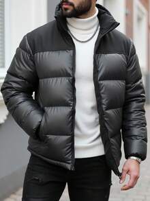 Manfinity Homme 男士长袖拉链开襟保暖冬装外套，宽松轻便 - 黑色 - 查看 1