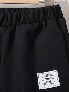 SHEIN 2 件套年轻男孩条纹领长袖衬衫和松紧腰宽松裤套装，休闲复古风格卡其色/咖啡色服装，舒适百搭，适合返校/所有季节