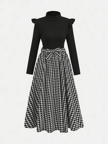 少女优雅通勤休闲荷叶袖罗纹拼接千鸟格图案中长连衣裙，系带细节，吊带裙，女童连衣裙，黑色女童连衣裙，荷叶边下摆女童连衣裙，返校季，春节，派对千鸟格 - 黑與白 - 查看 3