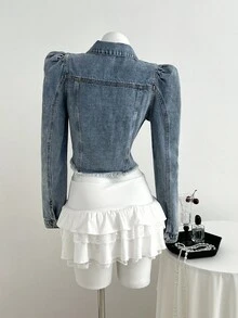 Elamini 單排扣毛邊下擺泡泡袖牛仔夾克 - 中等水洗藍 - 查看 2