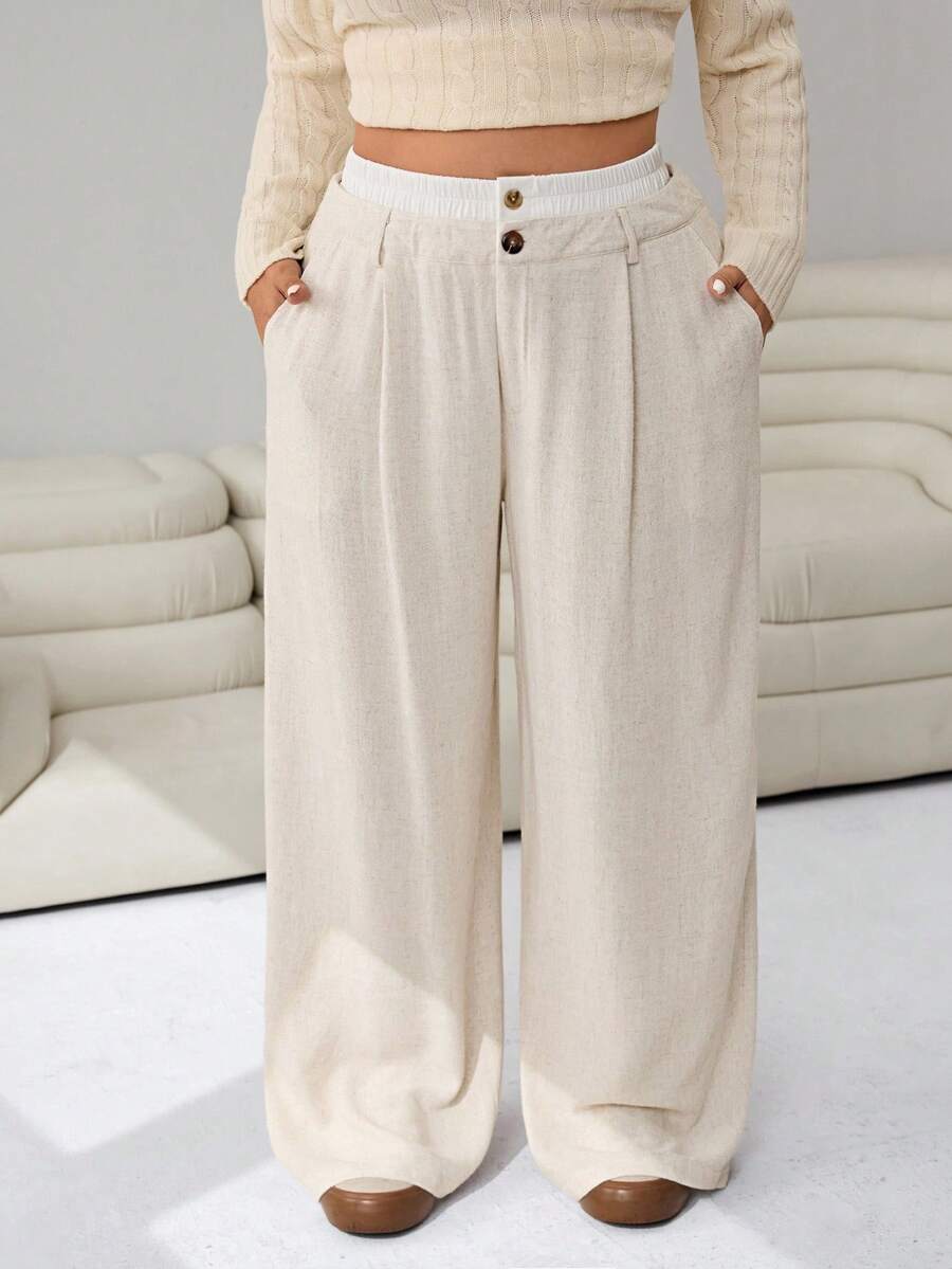 SHEIN EZwear 大码女式褶皱口袋宽松休闲阔腿裤 - 米色 - 查看 1