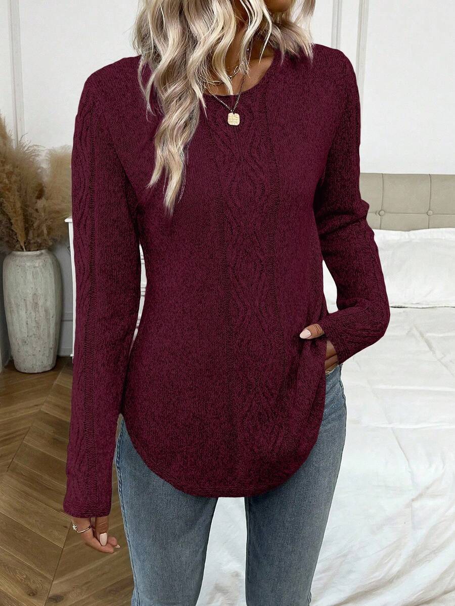 EMERY ROSE Elegant Solid Color Long Sleeve Crew Neck Versatile Women Sweater - Red - View 1