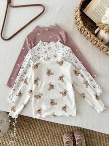 LMoss Kids 3 st stickat set med söta björnar och frukter för babyflicka, volangkrage och casual toppar