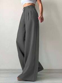 SHEIN Tall 女款純色寬腿西裝褲，適合高個女性 - 灰色 - 查看 4
