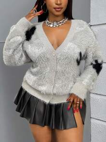 Slaydiva 大码女式撞色蓬松长袖单排扣休闲开衫毛绒上衣银色女式上衣毛衣套装秋冬时尚女装 - 彩色 - 查看 8