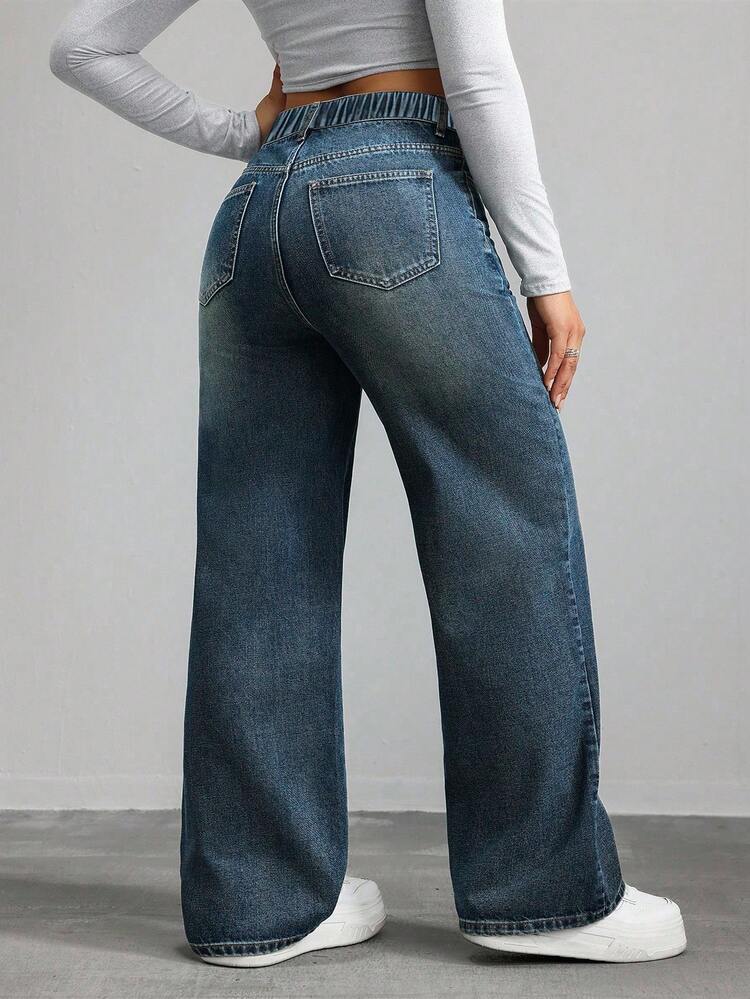 SHEIN ICON Plus Size Women Loose Fit Vintage Wash Pockets Wide Leg Casual Jeans - Blue - View 2