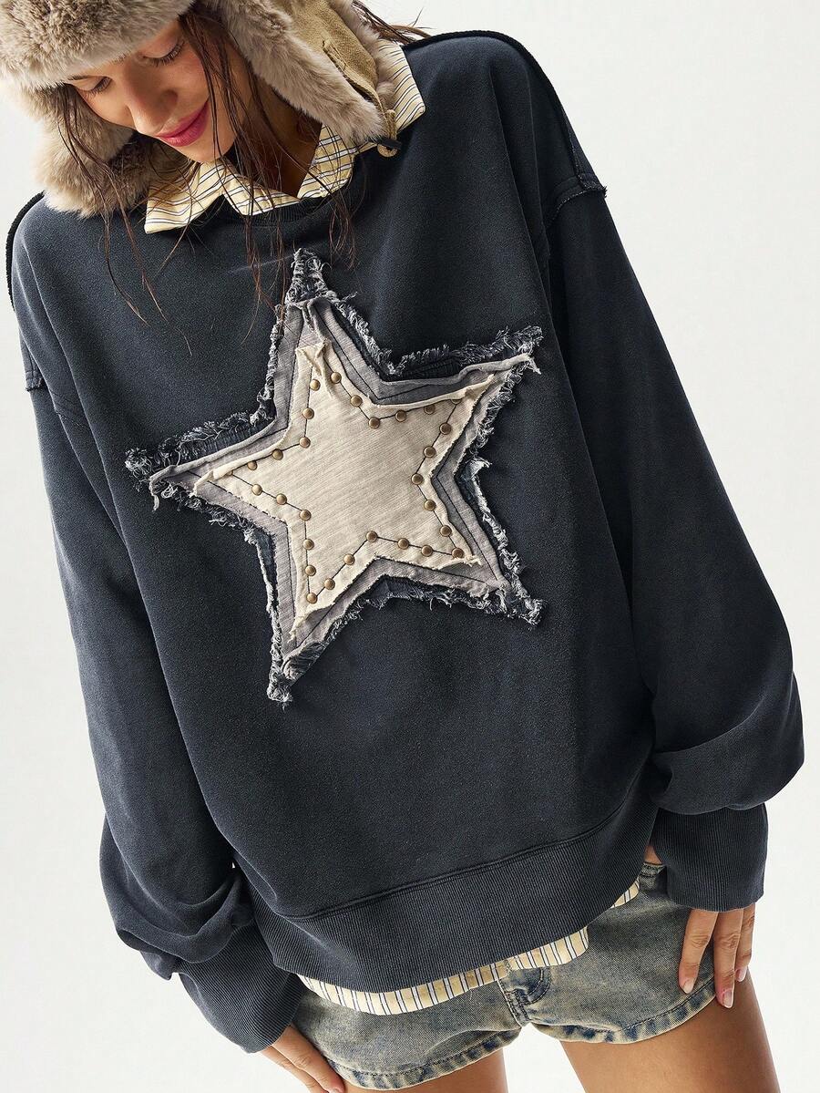 Bohemela Áo nỉ dệt kim dáng rộng màu trơn thường ngày dành cho nữ vào mùa thu/đông - màu đen - Xem 1