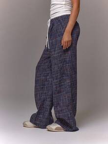 MUSERA Checkered Contrast Drawstring Waist Wide Leg Loose Fit Trousers Summer Streetwear Y2k Cool Girl City Muse Vacation Work Office Fall Autumn  Elegant Casual - Navy Blue - View 3