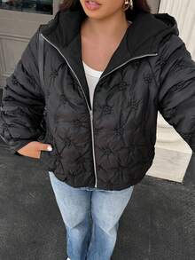 Calvaya Plus Size Women Floral Embossed Long Sleeve Zip-Up Hooded Warm Winter Jacket Fall Cloth For Women Autumn - Black - View 3