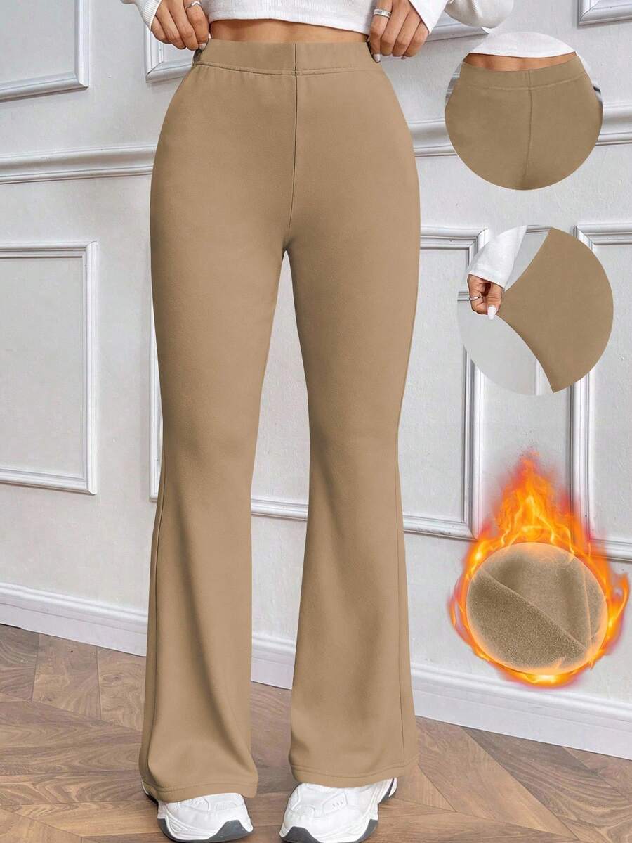 Zielony 女式休闲日常百搭紧身保暖内衬高腰喇叭裤，松紧腰，黑色，冬季 - 杏色 - 查看 1