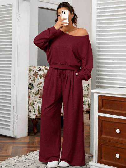 SHEIN EZwear Plus Size Solid Color Asymmetric Collar Sweatshirt And Sweatpants 2 Pieces Set/Winter