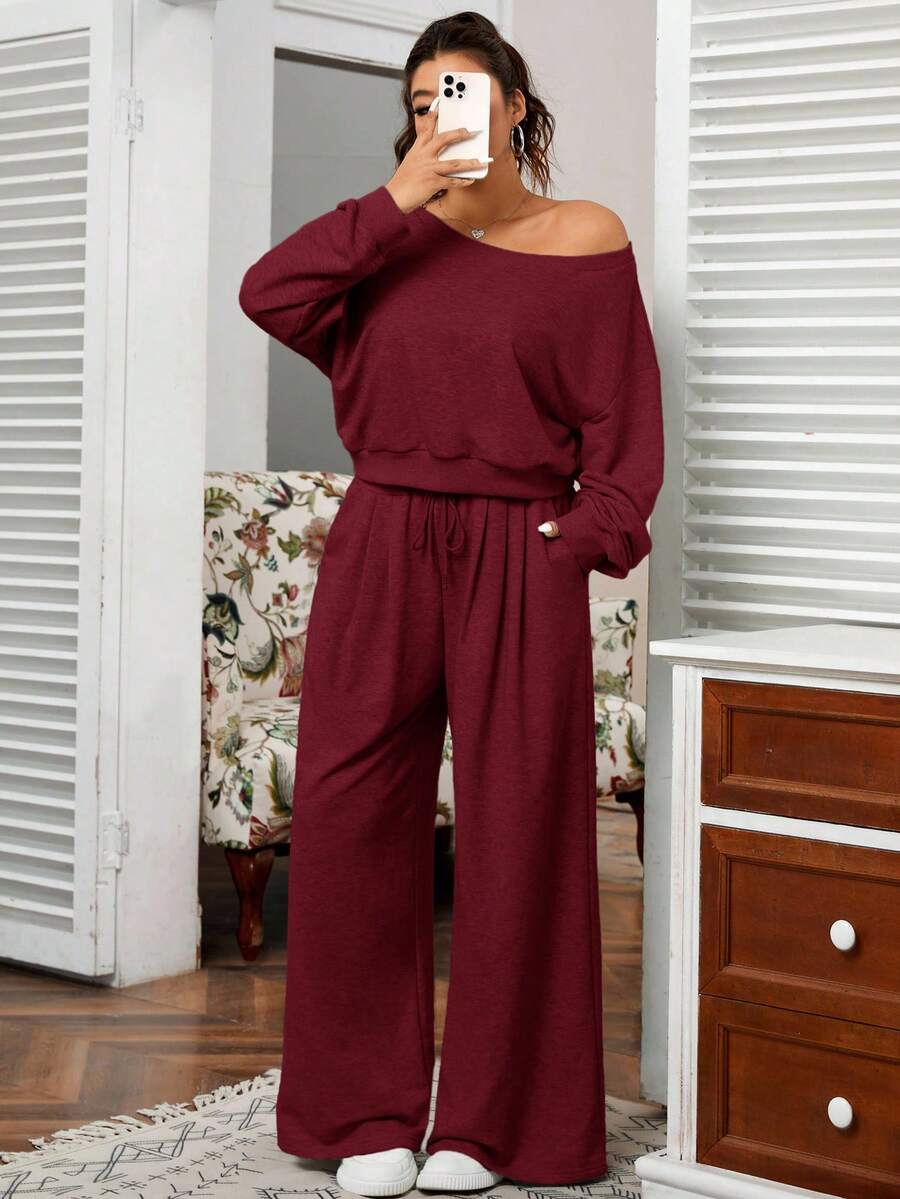 SHEIN EZwear 加大码纯色不对称领运动衫和运动裤两件套 - 酒紅色 - 查看 1