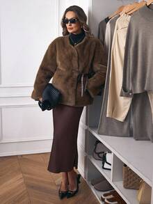 Lyxana 优雅仿貂皮宽松女式夹克，秋冬 - 咖啡棕 - 查看 6
