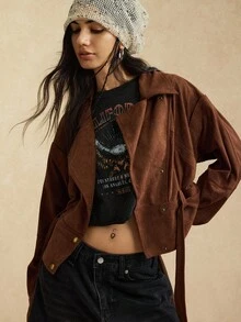 Easelle Women's Vintage Dark Brown Front Button Stand Collar Woven Jacket, Autumn Winter Clothes For Women - Brown - View 5