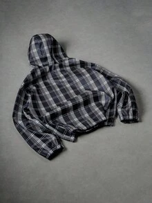 Manfinity EMRG Men's Plaid Long Sleeve Zip-Up Collar Utility Pocket Casual Hooded Overcoat,Baggy,Autumn/Winter, Christmas