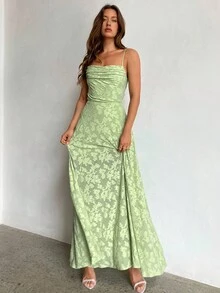 Aloruh 女士优雅细肩带露背绿色提花镂空连衣裙 - 綠色 - 查看 8