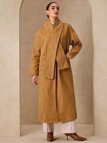 Graceveil Elegant Dropped Shoulder Overcoat With Scarf, Fashion & Chic For Autumn/Winter Wrap Coat Long Coat Women Outerwear Long Coats For Women Overcoat - Khaki - View 4